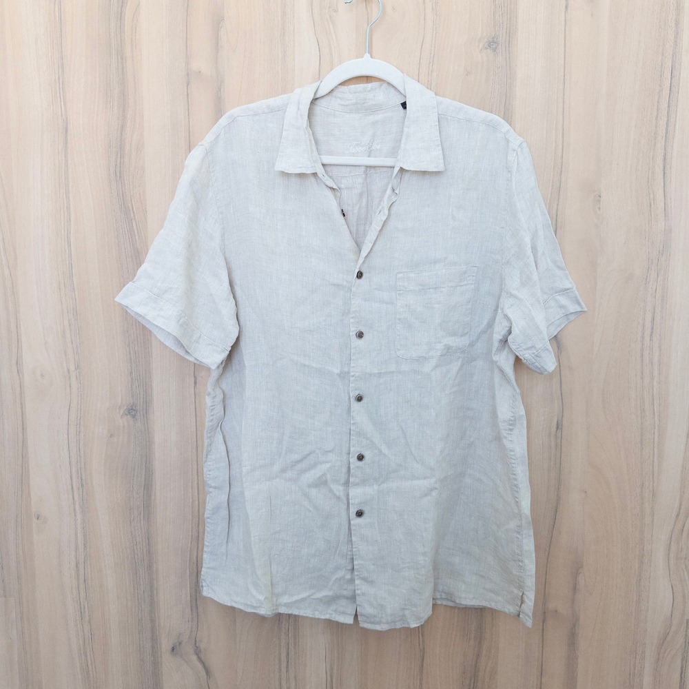 Tasso Elba Mens 100% Linen Button Down Short Sleeve Shirt L Beige Beach Casual